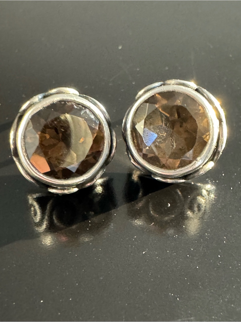 Sterling Silver Smoky Quartz Stud Earrings with Scrollwork Detail